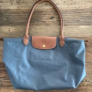 Longchamp Blue and Brown Tote Bag with Leather Accents